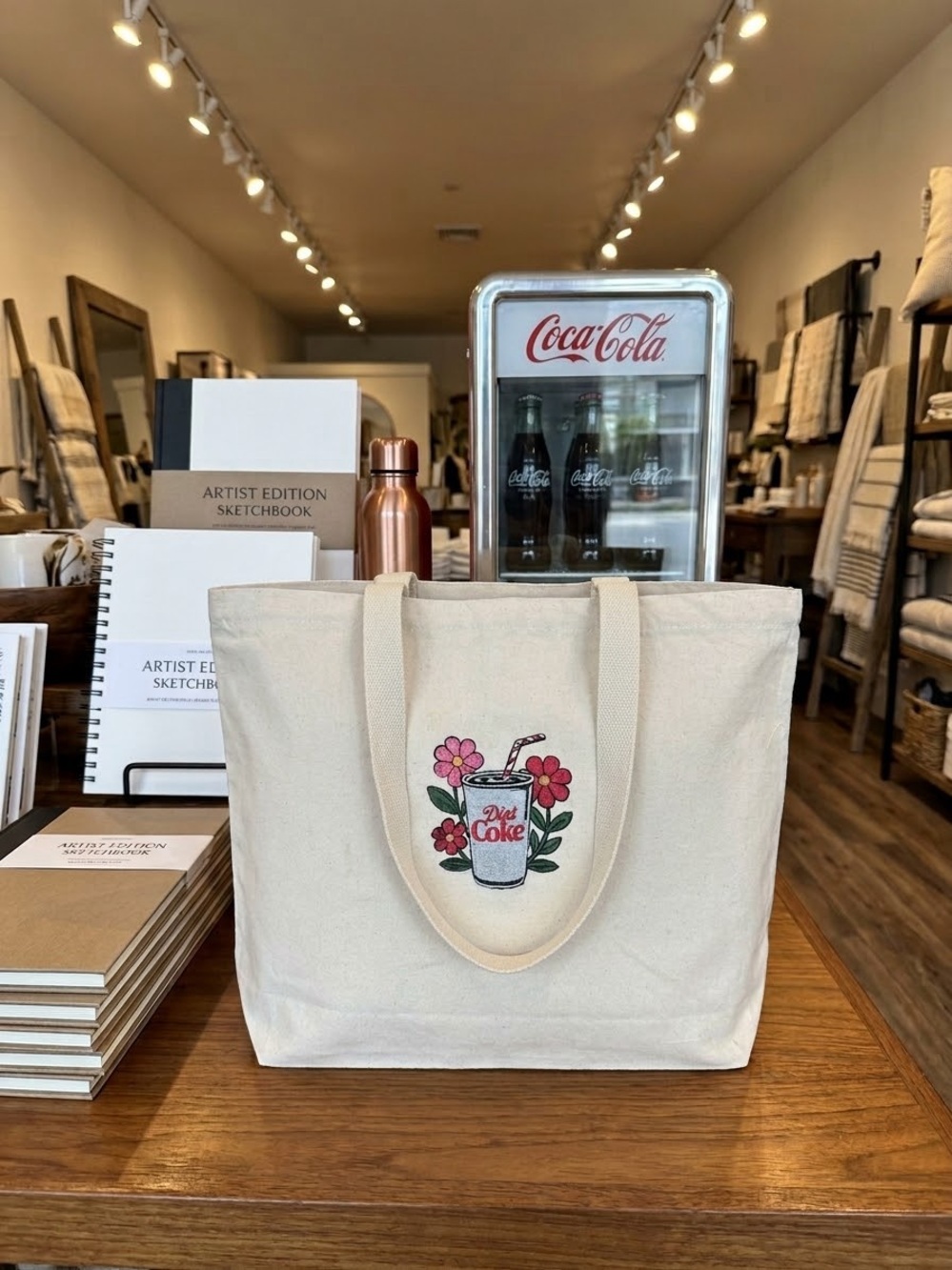 Cream Canvas Tote with Diet Coke Floral Graphic